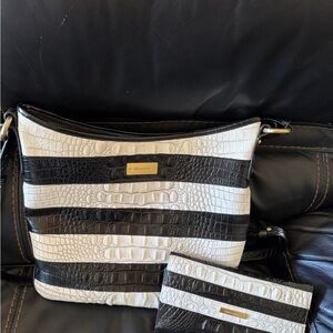 Brahmin Black and White Croc-Embossed Stripe Shoulder Bag